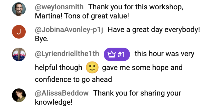 Student comments thanking Martina for the workshop and for sharing her knowledge
